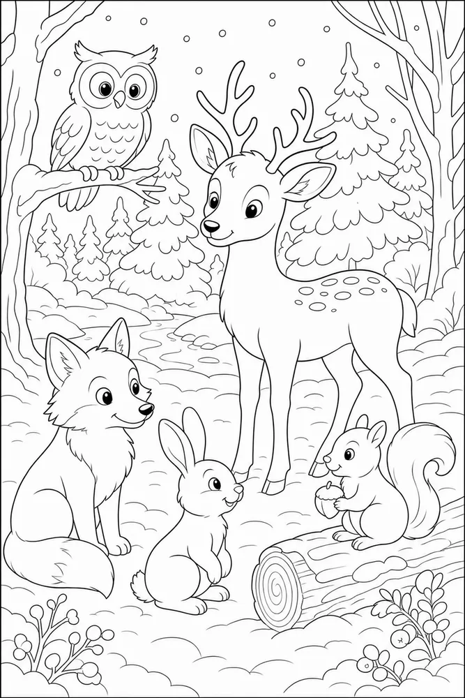 Winter Animals Forest Animal Group coloring page