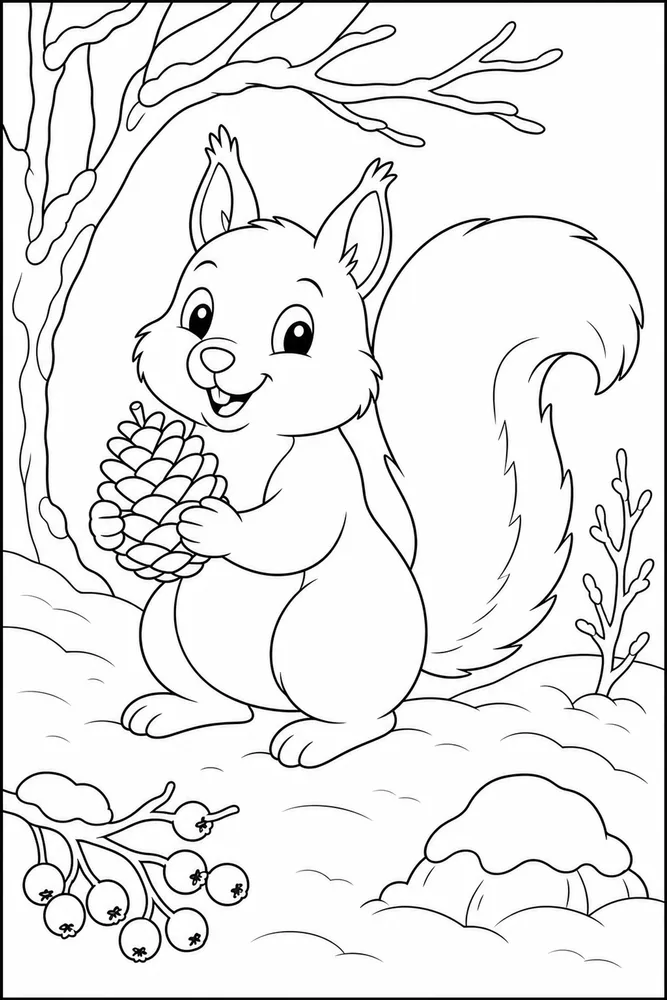 Winter Animals Squirrel With Pinecone coloring page