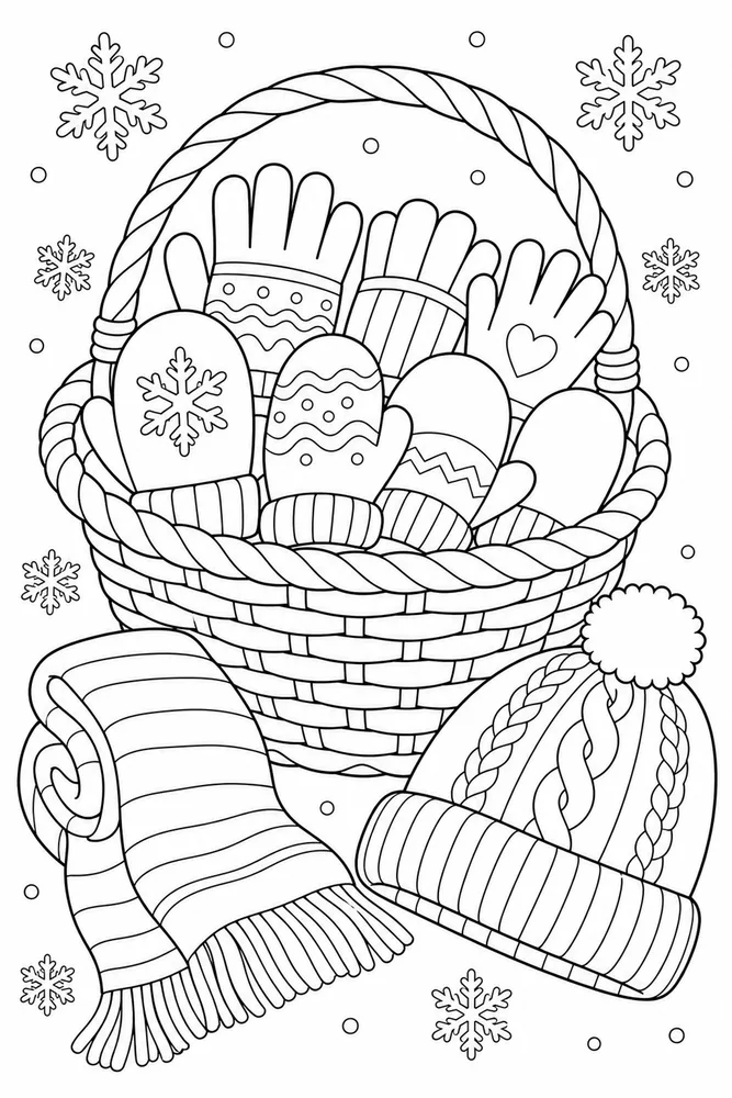 Winter Clothes Glove Basket coloring page