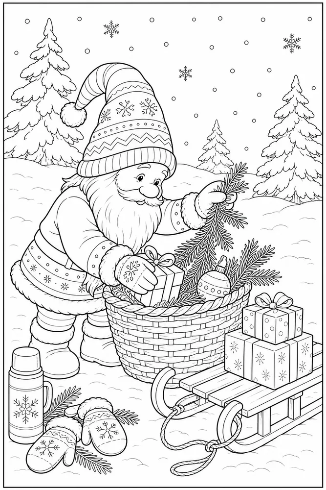 Winter Gnome Winter gnome activity scene coloring page