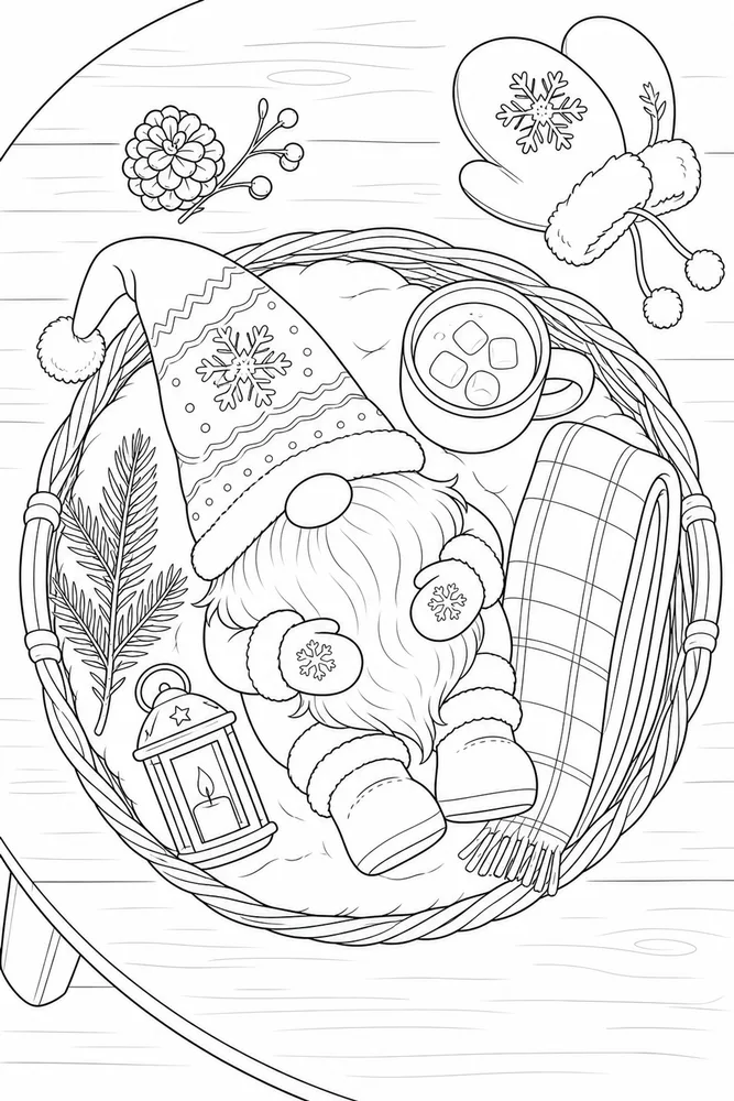Winter Gnome Winter gnome cozy indoor moment coloring page