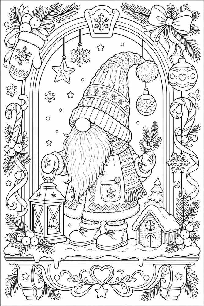 Winter Gnome Winter gnome decorative border coloring page
