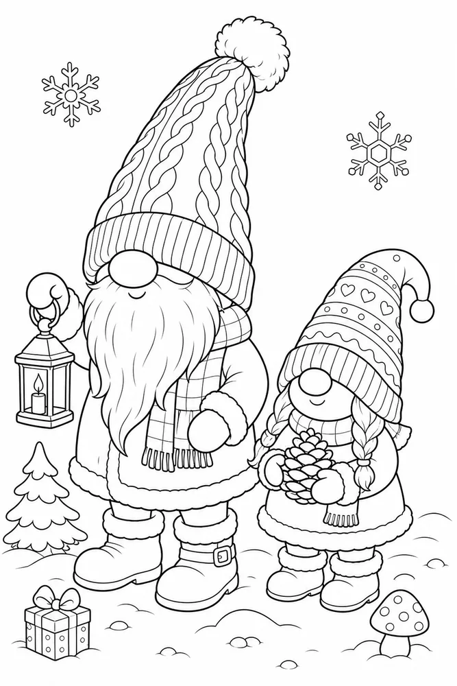 Winter Gnome Winter gnome family scene coloring page