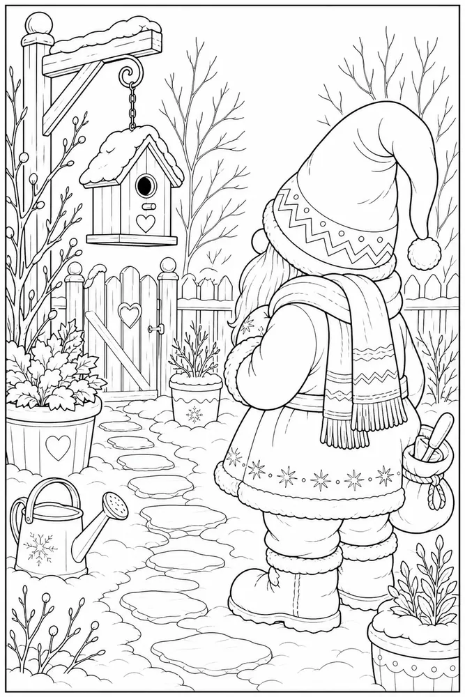 Winter Gnome Winter gnome garden setting coloring page