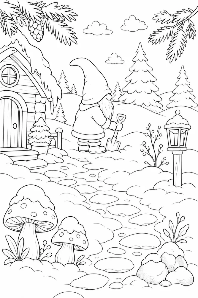 Winter Gnome Winter gnome habitat background coloring page