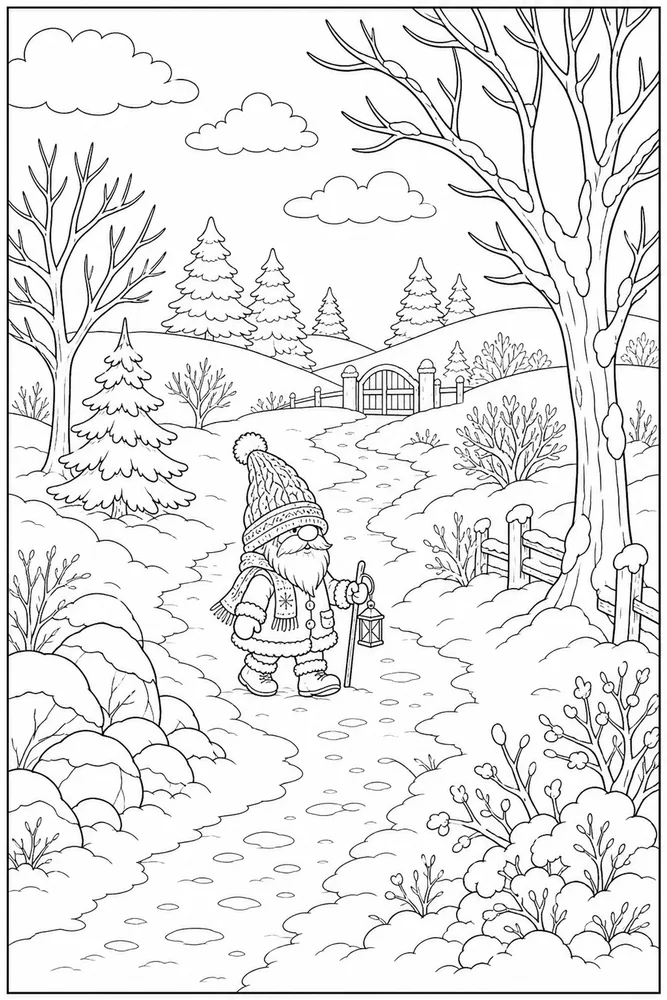 Winter Gnome Winter gnome outdoor path coloring page