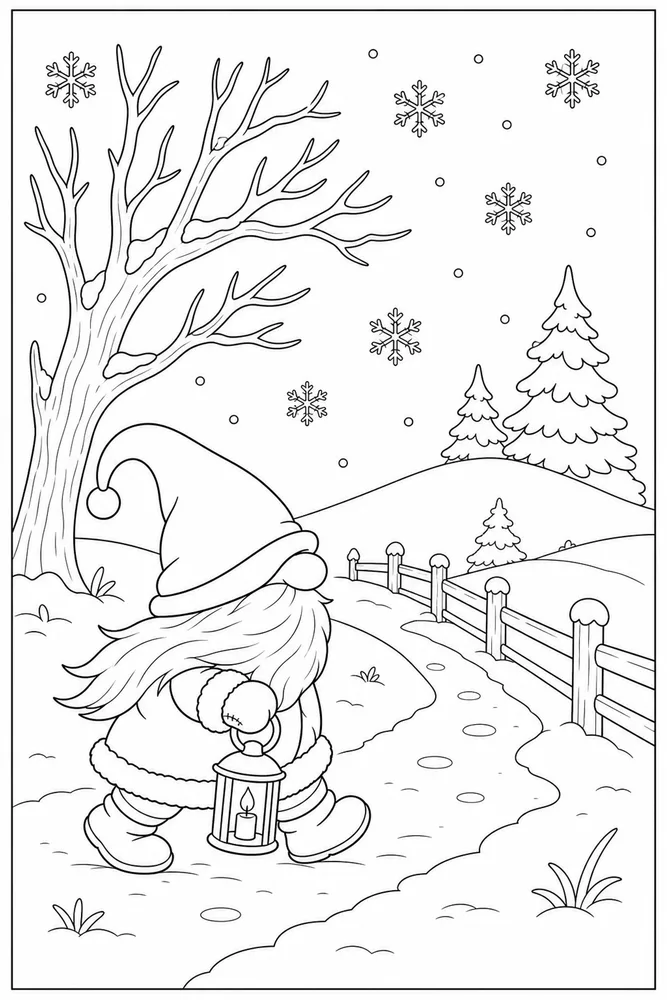 Winter Gnome Winter gnome simple scene coloring page