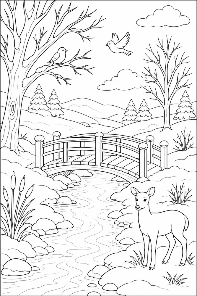Winter Scenes Bridge Creek coloring page