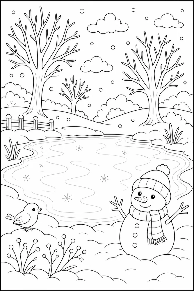 Winter Scenes Frozen Pond coloring page