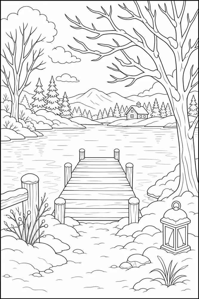 Winter Scenes Lake Dock coloring page