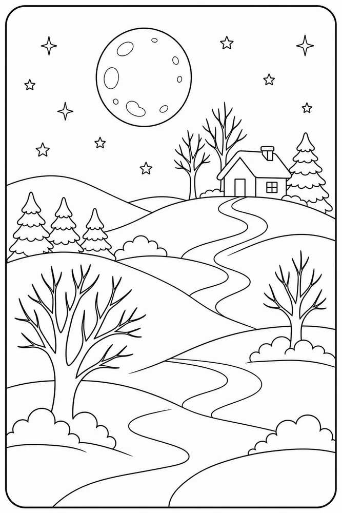 Winter Scenes Moonlit Hills coloring page