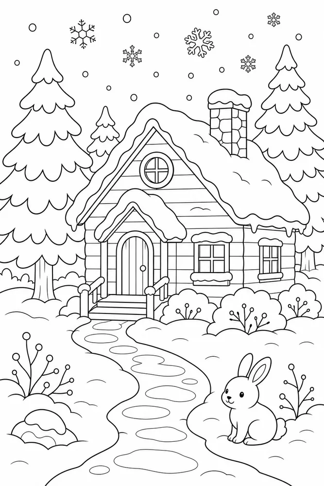 Winter Scenes Snowy Cabin coloring page