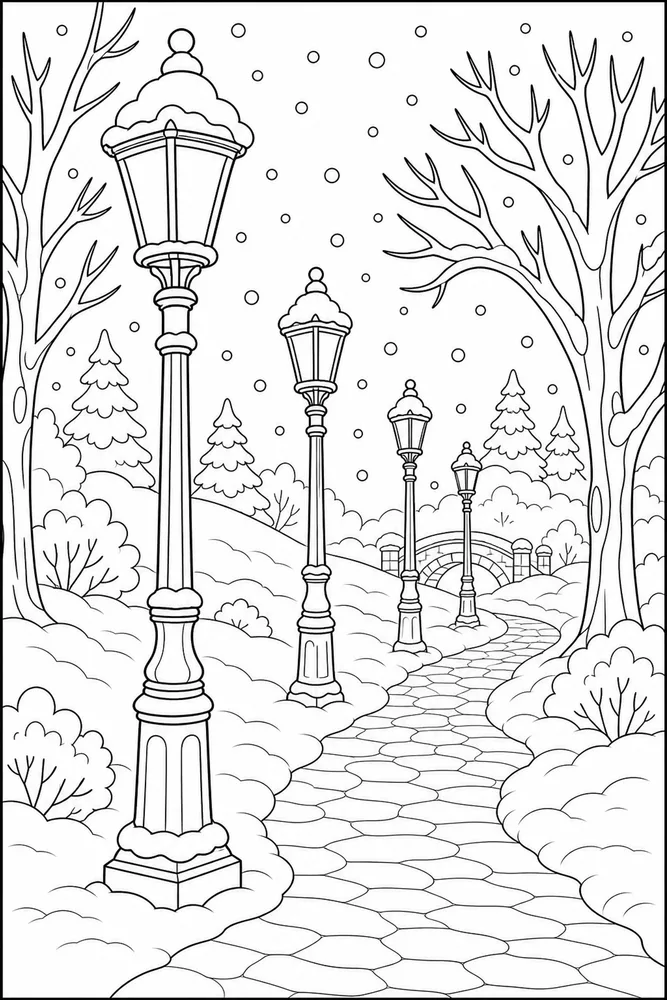 Winter Scenes Streetlamp Path coloring page