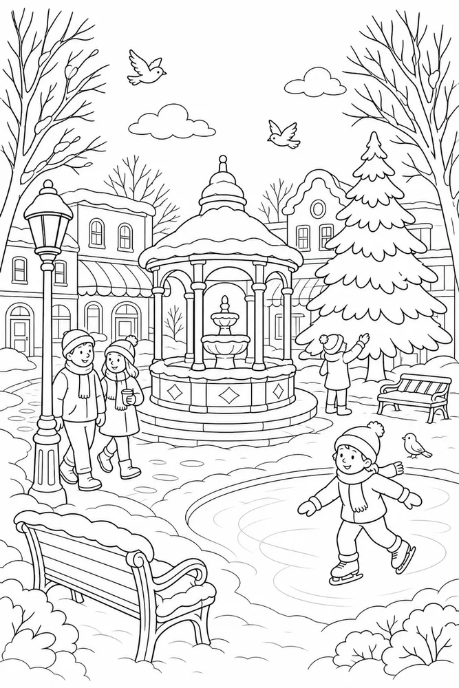 Winter Scenes Town Square coloring page