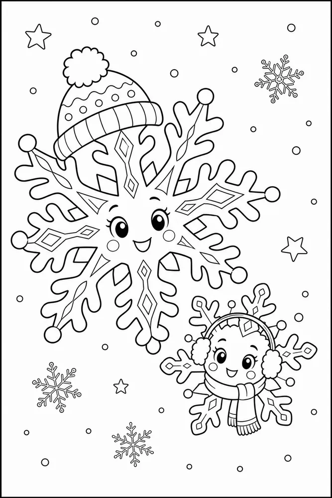 Winter Snowflake Winter snowflake family scene coloring page
