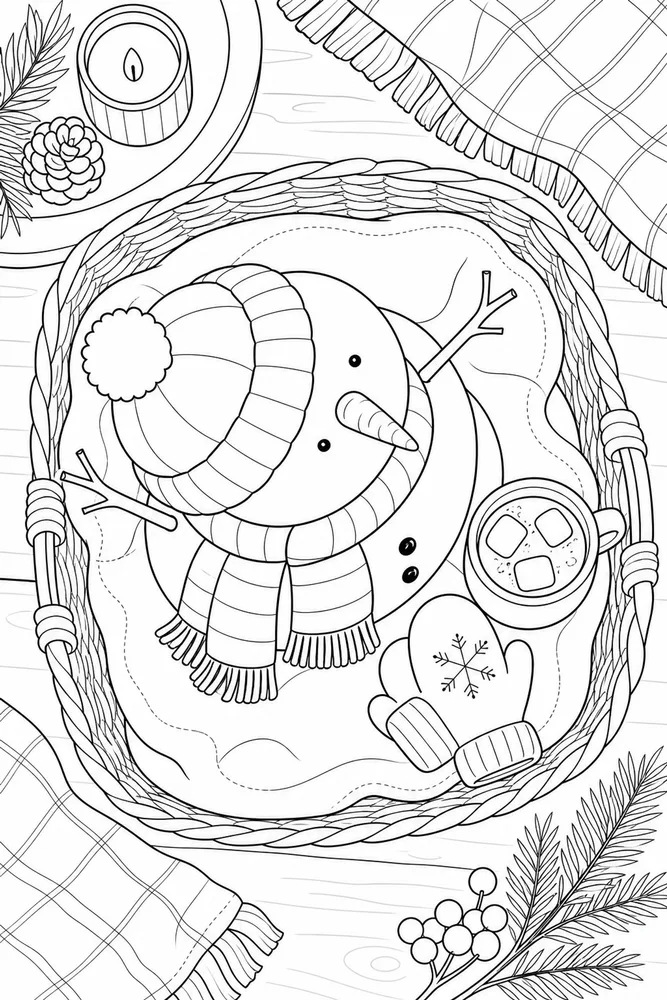 Winter Snowman Winter snowman cozy indoor moment coloring page