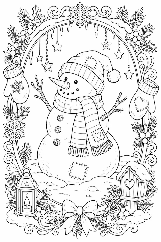 Winter Snowman Winter snowman decorative border coloring page