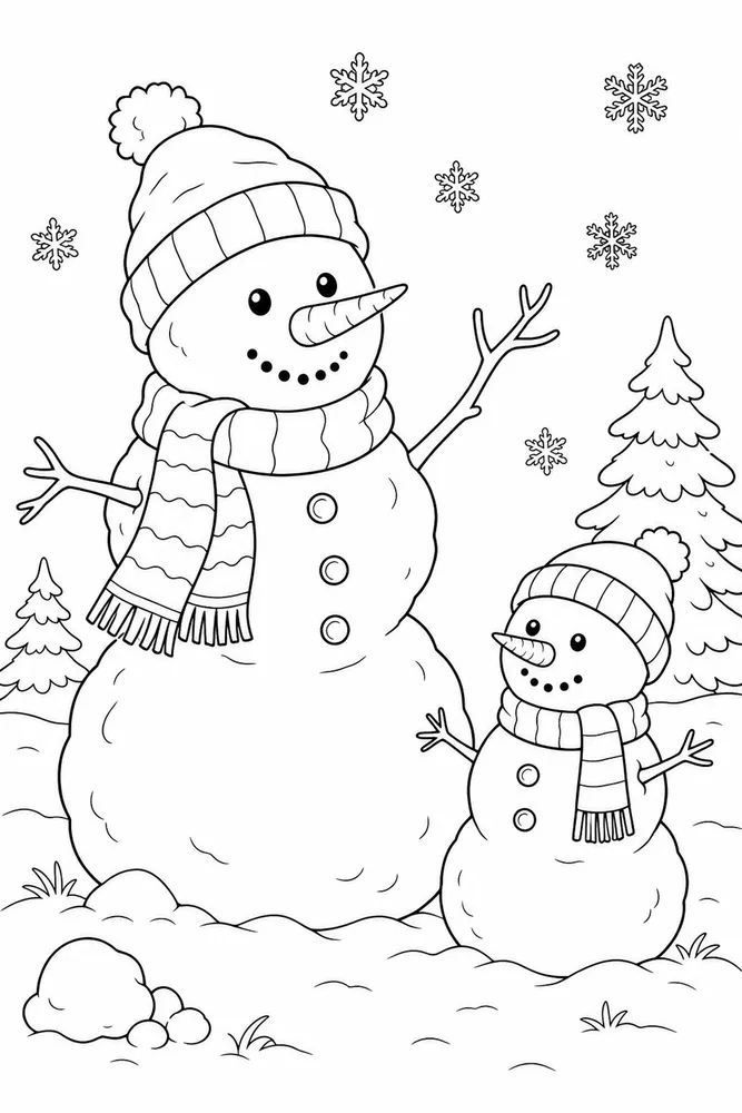 Winter Snowman Winter snowman family scene coloring page