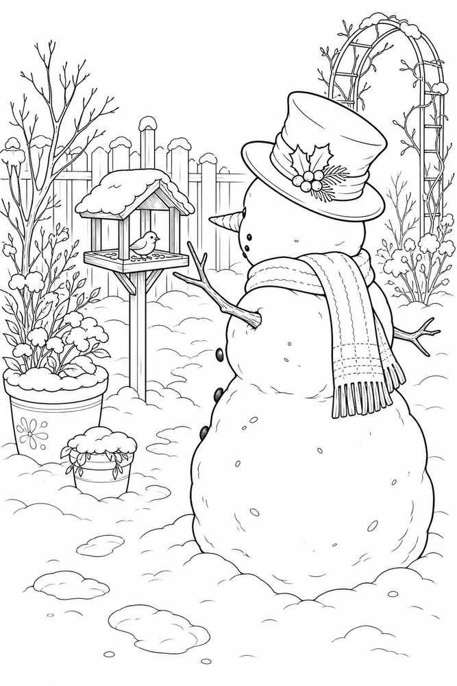 Winter Snowman Winter snowman garden setting coloring page