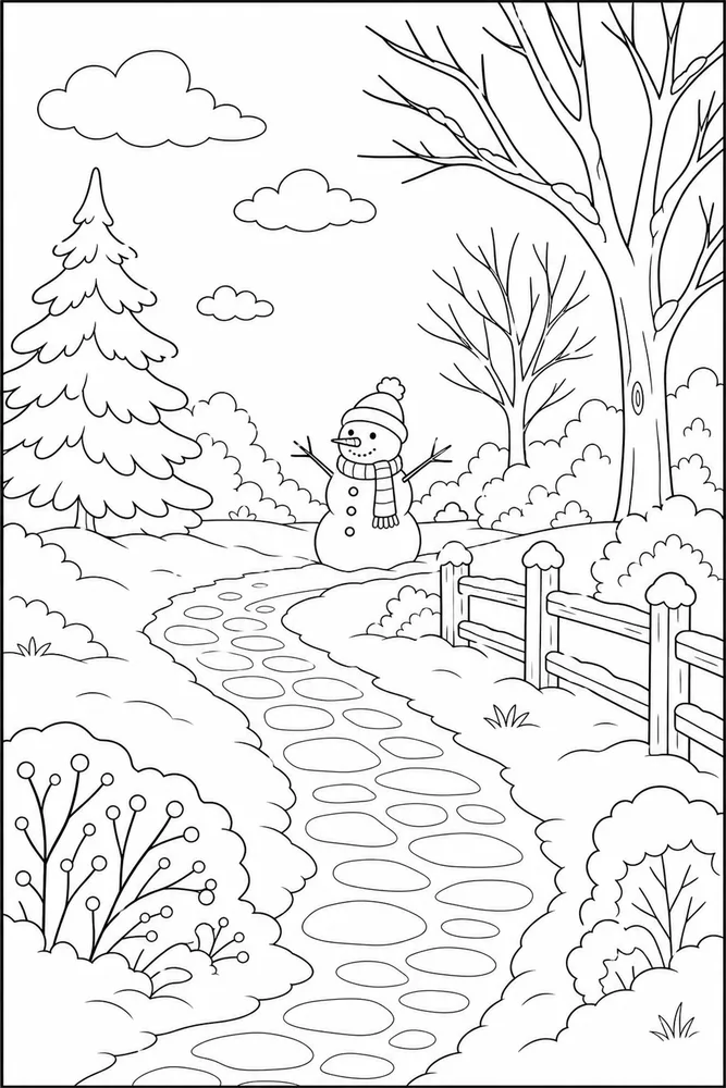 Winter Snowman Winter snowman outdoor path coloring page