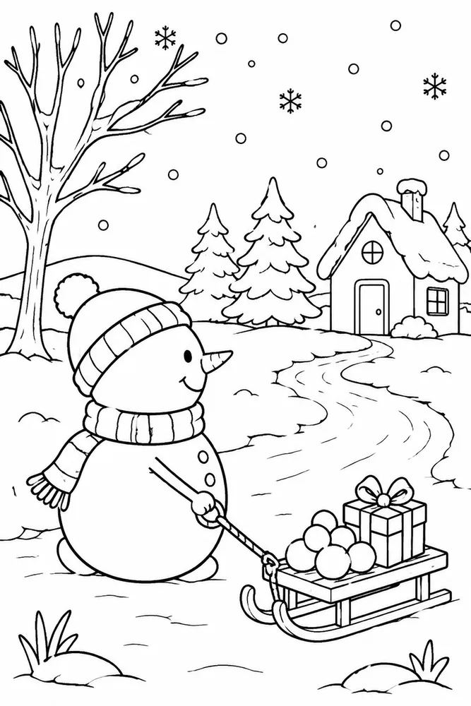 Winter Snowman Winter snowman simple scene coloring page