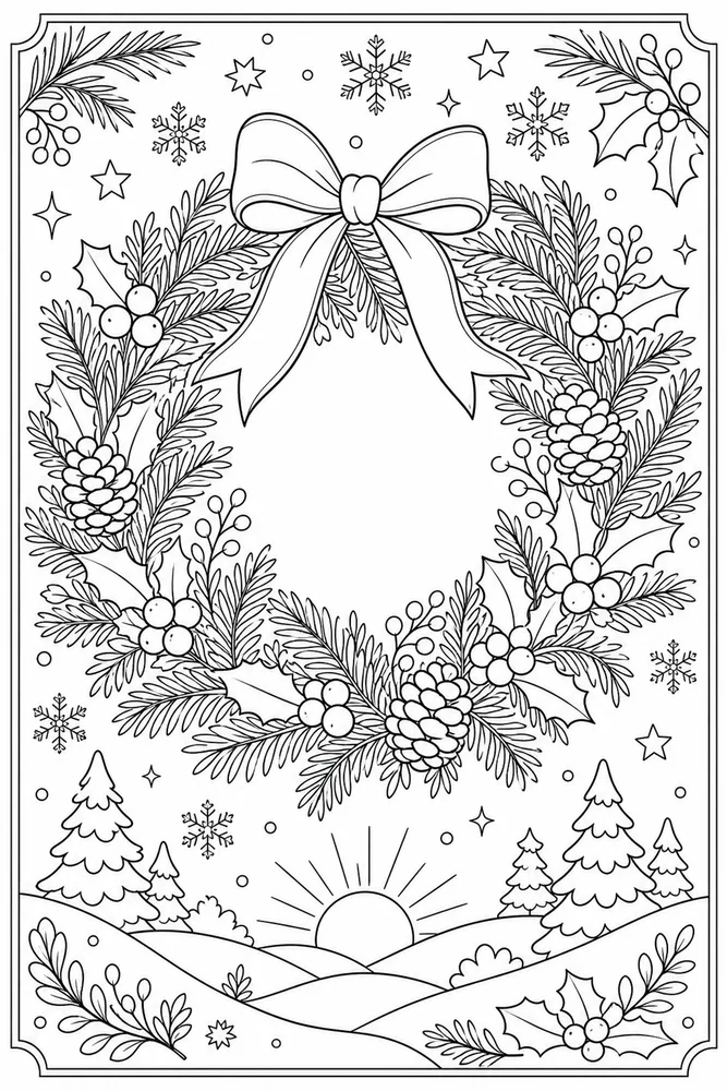 Winter Solstice Evergreen Wreath coloring page
