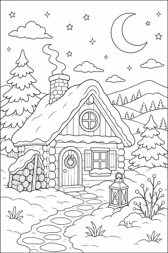 Winter Solstice Longest Night Cabin coloring page