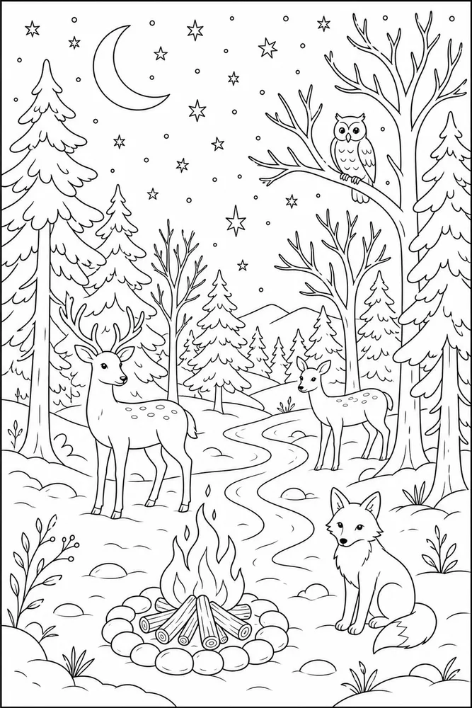 Winter Solstice Starry Forest coloring page