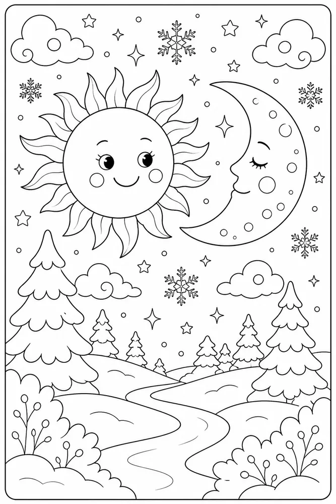 Winter Solstice Sun Moon Sky coloring page