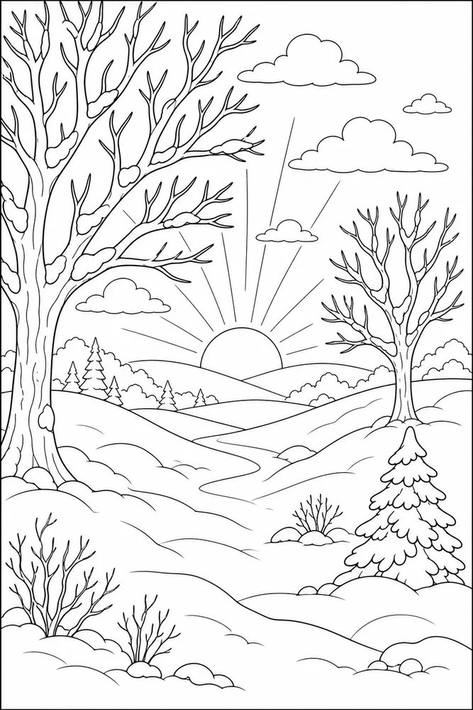 Winter Solstice Sunrise Over Snow coloring page