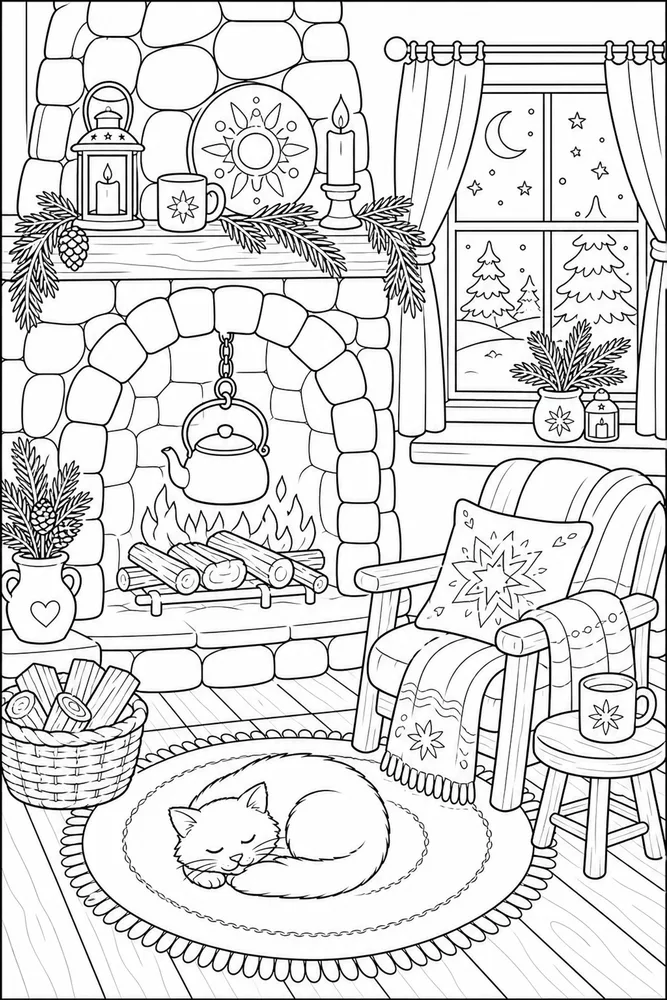 Winter Solstice Warm Hearth coloring page
