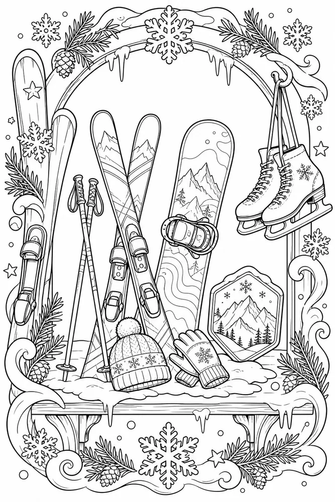 Winter Sports Winter sports decorative border coloring page