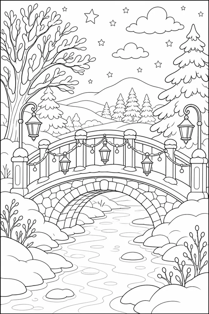Winter Wonderland Bridge Lights coloring page