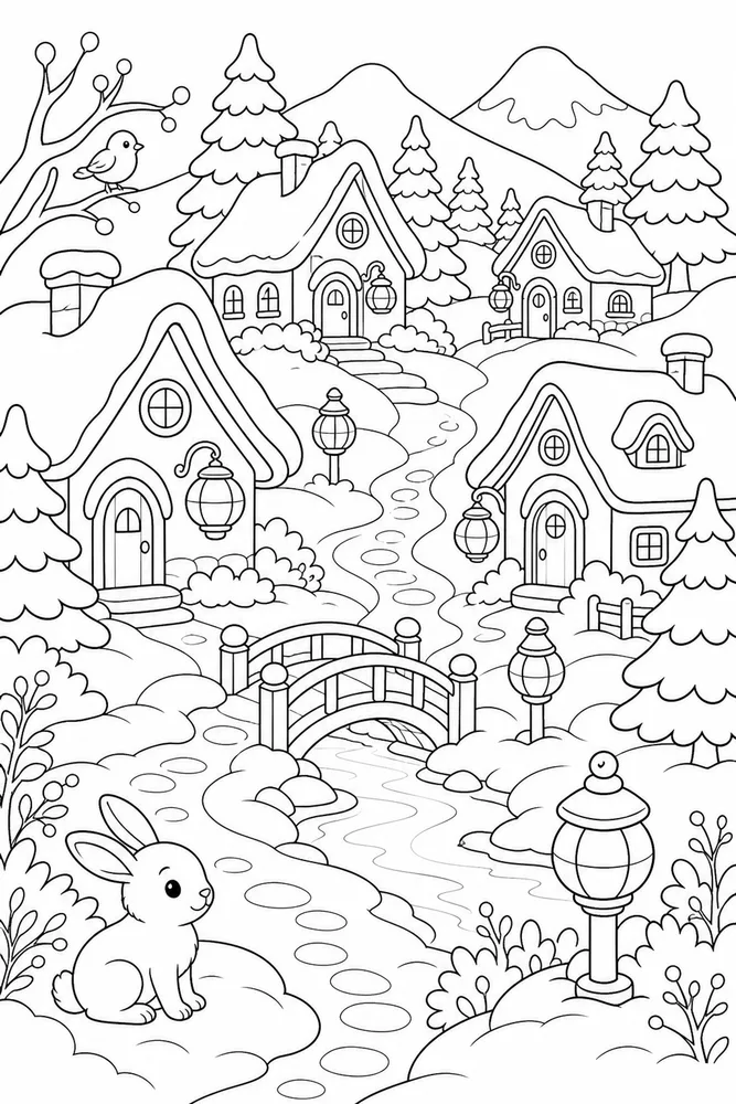 Winter Wonderland Lantern Village coloring page