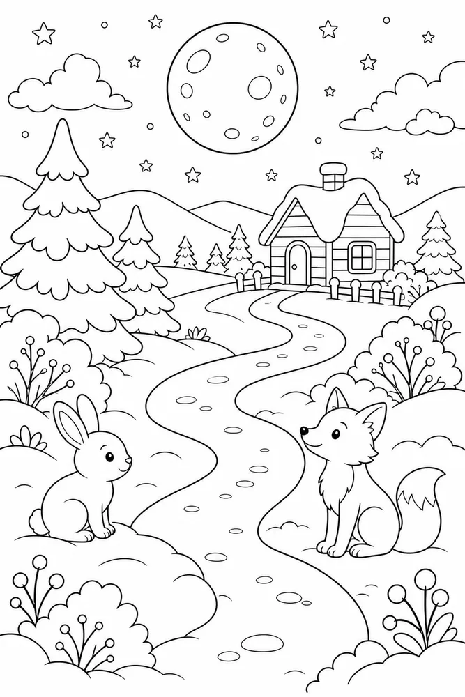 Winter Wonderland Moonlit Path coloring page
